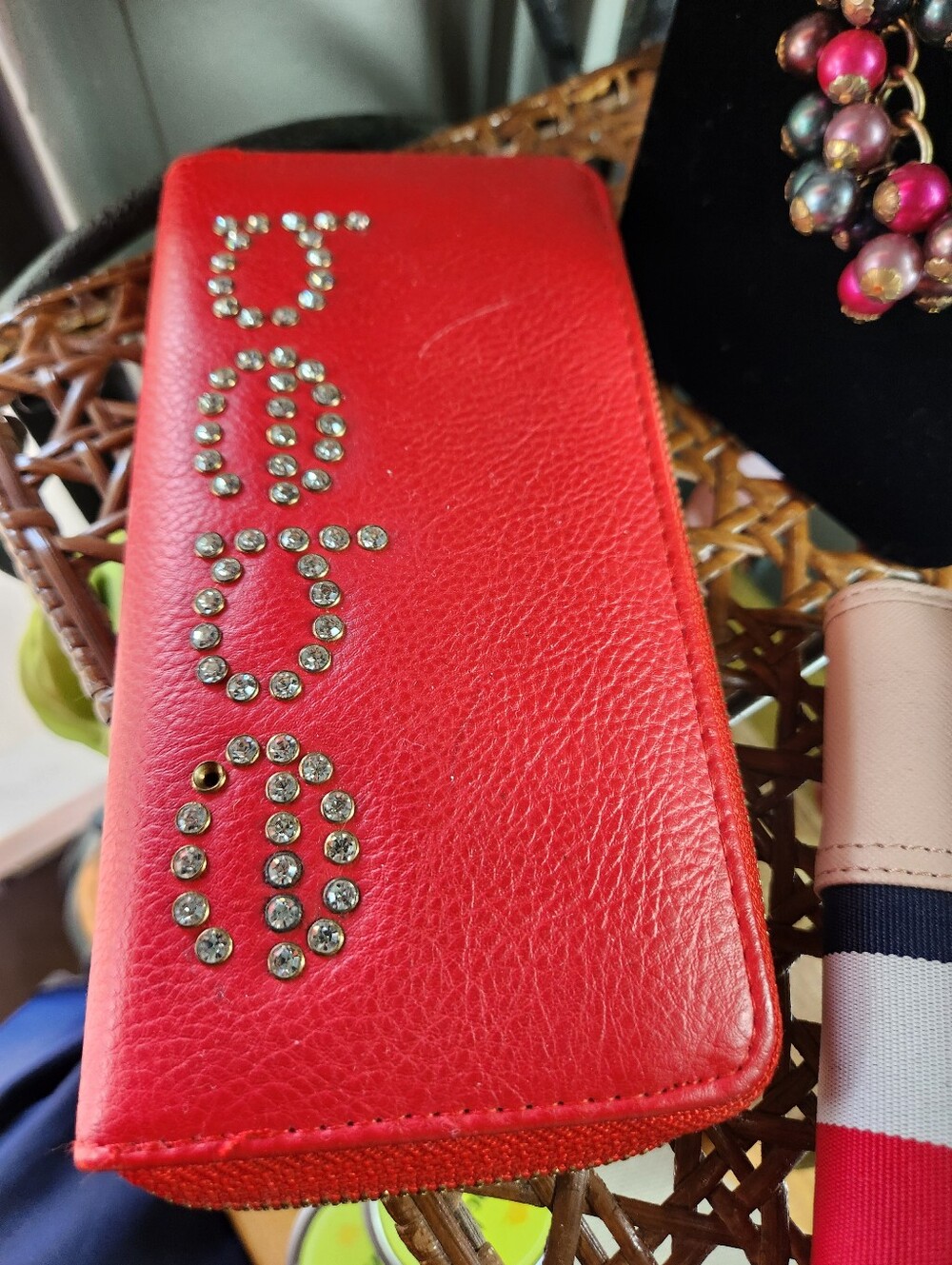 bebe Red Crystal-Embellished Zip Wallet